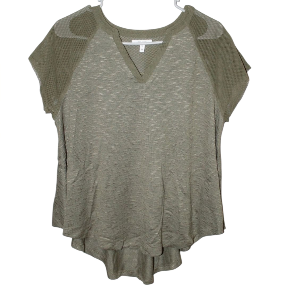 Maurices Asymmetrical Mesh Olive Green Cap Sleeve Tee